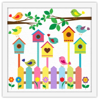 Πολύχρωμα κλουβιά πουλιών, Παιδικά, Πίνακες σε καμβά, 40 x 40 εκ.