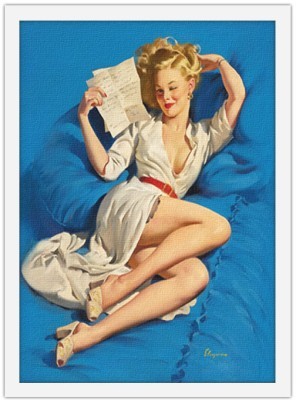 Pin up γυναίκα ξαπλωμένη σε μπλε φόντο Vintage Πίνακες σε καμβά 56 x 45 cm (10398)