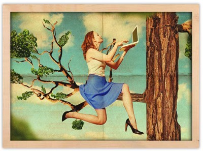 Vintage τεχνολογίας κορίτσι σε ένα δέντρο Vintage Πίνακες σε καμβά 40 x 60 cm (12590)