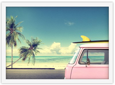 Ροζ λεωφορείο στη παραλία Vintage Πίνακες σε καμβά 30 x 20 εκ. (44760)
