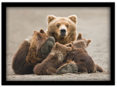 Καφέ αρκούδα με τα αρκουδάκια της, Ζώα, Πίνακες σε καμβ