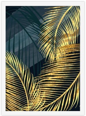 Χρυσά φύλλα σε μπλε φόντο Line Art Πίνακες σε καμβά 20 x 30 εκ. (43490)