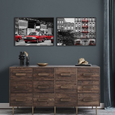 Γκρι & κόκκινη σύνθεση πόλης, σε Καμβά, Gallery Wall, 2 Τεμάχια