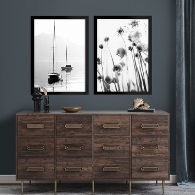 Houseart Γκρίζα λουλούδια και θάλασσα, σε Καμβά, Gallery Wall, 2 Τεμάχια