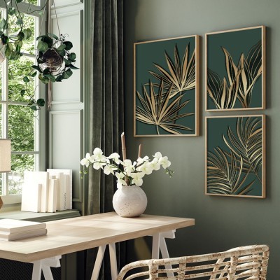 Χρυσή σύνθεση φύλλων, σε Καμβά, Gallery Wall, 3 Τεμάχια