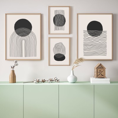 Μαύρος κύκλος και γραμμές, σε Καμβά, Gallery Wall, 4 Τεμάχια