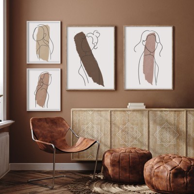 Σύνθεση κοπέλας με καφέ πινελιά, σε Καμβά, Gallery Wall, 4 Τεμάχια