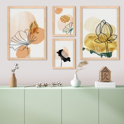 Γραμμικά λουλούδια σε παστέλ τόνους, σε Καμβά, Gallery Wall, 4 Τεμάχια