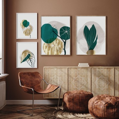 Χρυσά και πράσινα φύλλα φυτών, σε Καμβά, Gallery Wall, 4 Τεμάχια