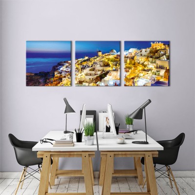 Ηλιοβασίλεμα στη Σαντορίνη, λευκά σπίτια και ανεμόμυλοι, Ελλάδα, Multipanel, 150 x 50 εκ.
