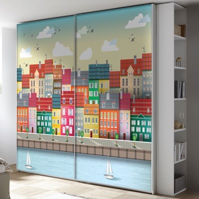 Πολύχρωμα σπίτια Παιδικά Αυτοκόλλητα ντουλάπας 65 x 185 cm (14956)