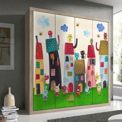 Πολύχρωμη μικρή πόλη Παιδικά Αυτοκόλλητα ντουλάπας 65 x 185 cm (14973)