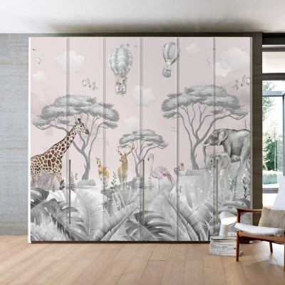 Ζώα με ροζ ουρανό, Παιδικά, Αυτοκόλλητα ντουλάπας, 100 x 68 εκ.