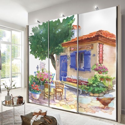 Παραδοσιακό μεσογειακό σπίτι, Πίνακας με νερομπογιά Ελλάδα Αυτοκόλλητα ντουλάπας 61 x 185 cm (32227)