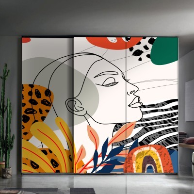Προφίλ κοπέλας και διάφορα σχέδια Line Art Αυτοκόλλητα ντουλάπας 100 x 100 εκ. (45504)