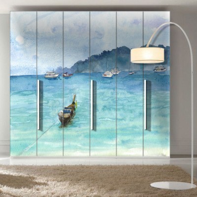 Καΐκι στη Θάλασσα, Ζωγραφική, Αυτοκόλλητα ντουλάπας, 100 x 67 εκ. (55684)