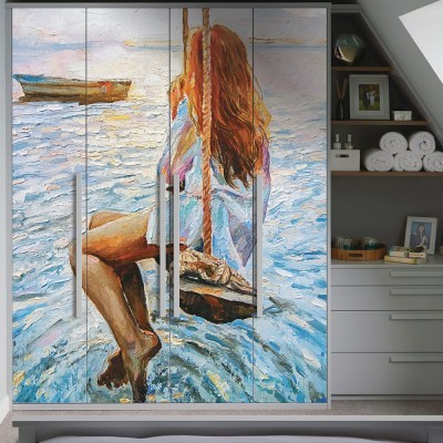 Κοπέλα σε Κούνια Πάνω από τη Θάλασσα, Ζωγραφική, Αυτοκόλλητα ντουλάπας, 100 x 147 εκ. (55687)