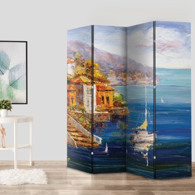 Ελαιογραφία, Θέα στο Λιμάνι, Ελλάδα - Διακοπές, Παραβάν, 80 x 180 εκ. [Δίφυλλο]