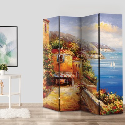 Ελαιογραφία, ελληνική αυλή, Ελλάδα - Διακοπές, Παραβάν, 80 x 180 εκ. [Δίφυλλο]