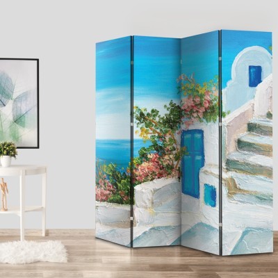 Σπίτι κοντά στη θάλασσα με πολύχρωμα λουλούδια., Ελλάδα - Διακοπές, Παραβάν, 80 x 180 εκ. [Δίφυλλο]