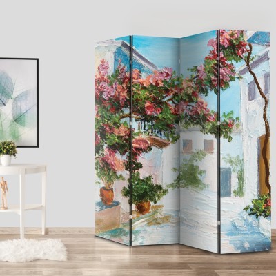 Houseart Καλοκαιρινό τοπίο από πολύχρωμα λουλούδια και δέντρα, Ελλάδα - Διακοπές, Παραβάν, 160 x 180 εκ. [Τετράφυλλο]