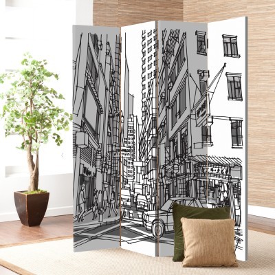 Sketched Town, Line Art, Παραβάν, 80 x 180 εκ. [Δίφυλλο] Ύφασμα | Mediatex® JM Air FR