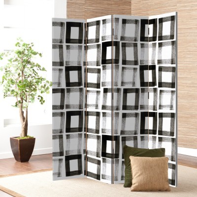 Houseart Μαύρα τετραγωνάκια, Line Art, Παραβάν, 160 x 180 εκ. [Τετράφυλλο] Ύφασμα | Mediatex® JM Air FR