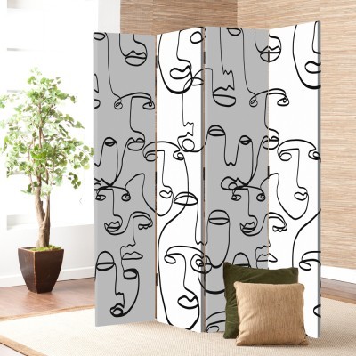 Houseart Αφηρημένα πρόσωπα, Line Art, Παραβάν, 160 x 180 εκ. [Τετράφυλλο] Ύφασμα | Mediatex® JM Air FR