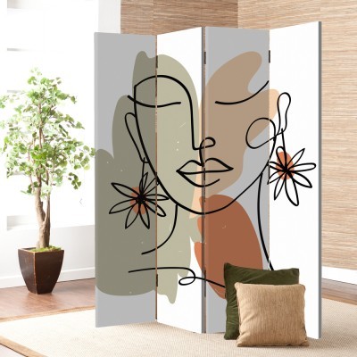 Κοπέλα με λουλουδάτα σκουλαρίκια, Line Art, Παραβάν, 80 x 180 εκ. [Δίφυλλο] Ύφασμα | Mediatex® JM Air FR