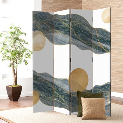 Μπλε κυματισμοί με χρυσό, Line Art, Παραβάν, 80 x 180 εκ. [Δίφυλλο] Ύφασμα | Mediatex® JM Air FR