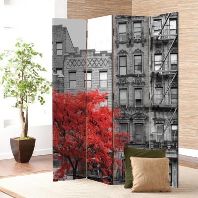 Κόκκινο Δέντρο σε Χωριό, Πόλεις, Παραβάν, 80 x 180 εκ. [Δίφυλλο]