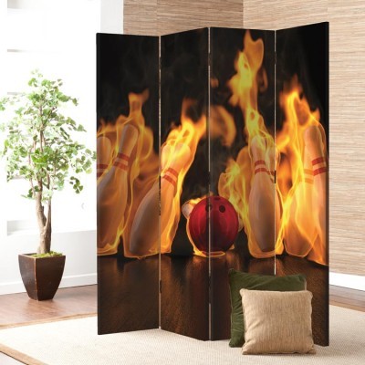 Κόκκινη μπάλα μπόουλινγκ χτυπάει φλεγόμενες κορίνες, Σπορ, Παραβάν, 80 x 180 εκ. [Δίφυλλο]