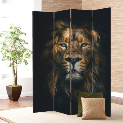 Λιοντάρι σε Μαύρο Φόντο, Ζώα, Παραβάν, 80 x 180 εκ. [Δίφυλλο]