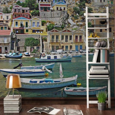 Σύμη, κόλπος με βάρκες, Ελλάδα, Ταπετσαρίες Τοίχου, 100 x 100 εκ.
