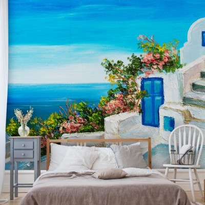 Σπίτι κοντά στη θάλασσα με πολύχρωμα λουλούδια. Ελλάδα Ταπετσαρίες Τοίχου 41 x 61 cm (32404)