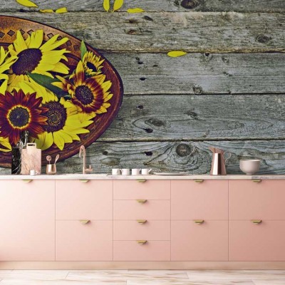 Houseart Ξύλινο μπωλ με πολύχρωμα ηλιοτρόπια, Διάφορα, Ταπετσαρίες Τοίχου, 100 x 100 εκ.