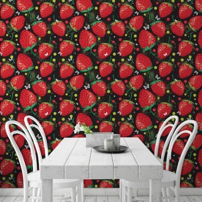 Φράουλες σε μαύρο φόντο Φαγητό Ταπετσαρίες Τοίχου 100 x 100 cm (21830)