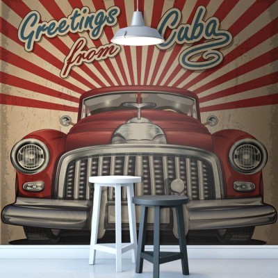 Αυτοκίνητο ρετρό, Κούβα Φράσεις Ταπετσαρίες Τοίχου 100 x 100 cm (21823)