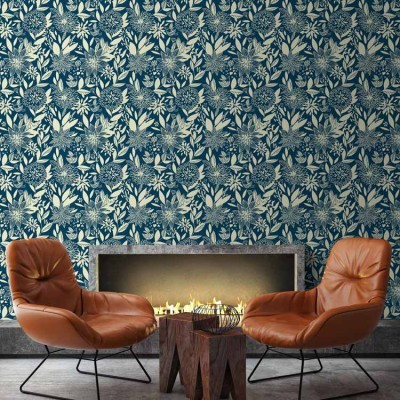 Λουλουδένιο μοτίβο μπλε σκούρο, Μοτίβα, Ταπετσαρίες Τοίχου, 100 x 100 εκ.