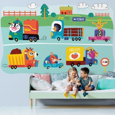 Ζωάκια Με Αυτοκίνητα Παιδικά Ταπετσαρίες Τοίχου 80 x 120 cm (35224)