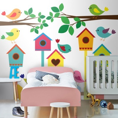 Πολύχρωμα κλουβιά πουλιών, Παιδικά, Ταπετσαρίες Τοίχου, 100 x 100 εκ.
