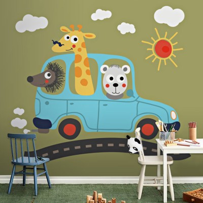 Ζωάκια σε αυτοκίνητο Παιδικά Ταπετσαρίες Τοίχου 100 x 100 cm (20654)