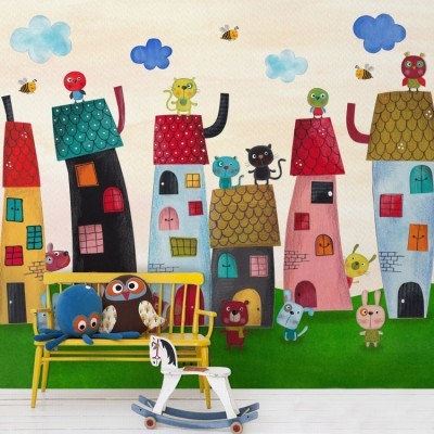 Χωριό με ζωάκια, Παιδικά, Ταπετσαρίες Τοίχου, 100 x 100 εκ.