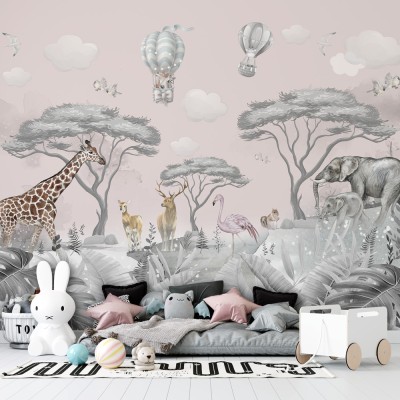 Ζώα με ροζ ουρανό, Παιδικά, Ταπετσαρίες Τοίχου, 100 x 68 εκ.