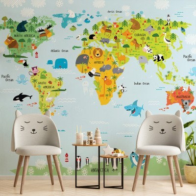 Παγκόσμιος χάρτης με ζώα και δέντρα, Παιδικά, Ταπετσαρίες Τοίχου, 100 x 100 εκ.
