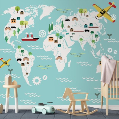 Αεροπλάνα και καράβια στον χάρτη, Παιδικά, Ταπετσαρίες Τοίχου, 100 x 100 εκ. (53715)