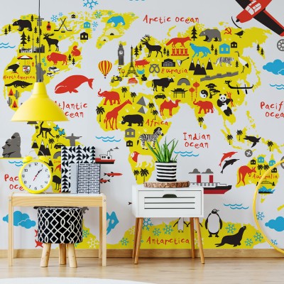 Κίτρινος χάρτης με κόκκινες και μαύρες λεπτομέρειες, Παιδικά, Ταπετσαρίες Τοίχου, 100 x 100 εκ.