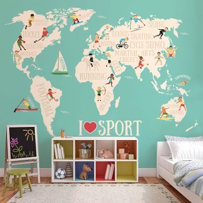 Παγκόσμιος χάρτης με αθλήματα, Παιδικά, Ταπετσαρίες Τοίχου, 100 x 100 εκ. (53740)
