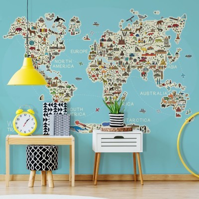 Παγκόσμιος χάρτης με ζώα και αξιοθέατα, Παιδικά, Ταπετσαρίες Τοίχου, 100 x 100 εκ. (53787)