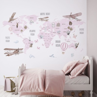 Ροζ χάρτης με ζωάκια, Παιδικά, Ταπετσαρίες Τοίχου, 100 x 100 εκ. (53791)